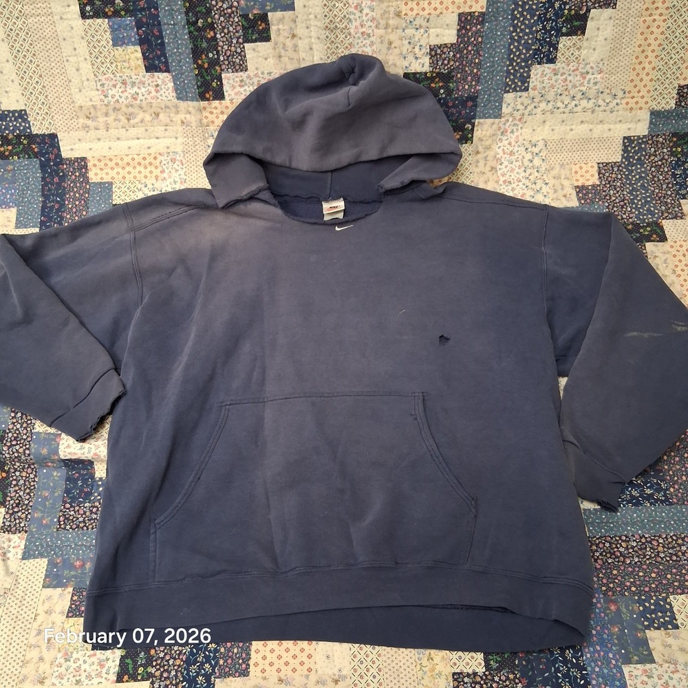 Vintage Thrashed Nike‎ Center Swoosh Navy Blue Hoodie Size XL Spell Out Back